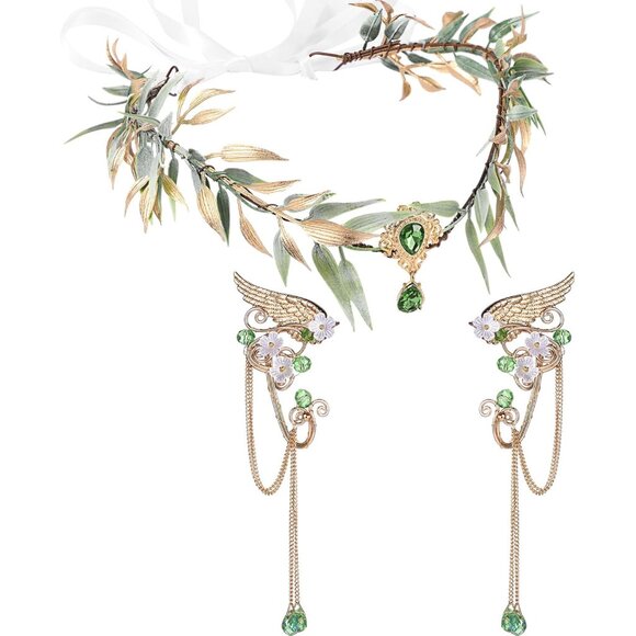 Elf Cosplay Set Fairy Ears Flower Crown Headpiece Wings Adjustable - Picture 1 of 7